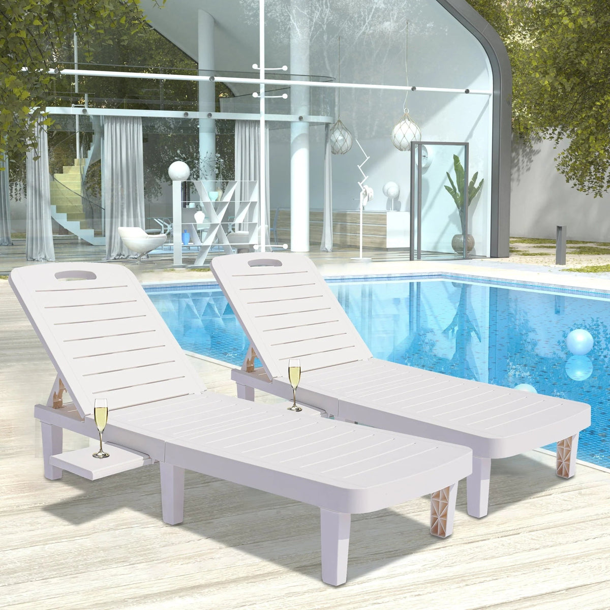 Outdoor Adjustable Patio Lounge Chair Set Of 2 With Side Table, White - 74.5 x 24.4 x 30 inch