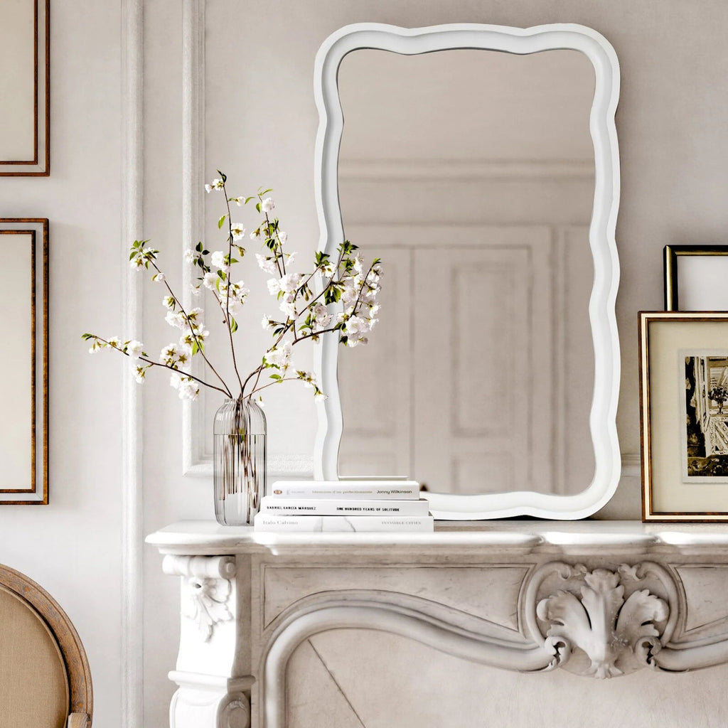 Curved Scallop Wood Frame Accent Mirror, 23.5 in L x 38 in W x 1 in H - Antique-Brown Or White