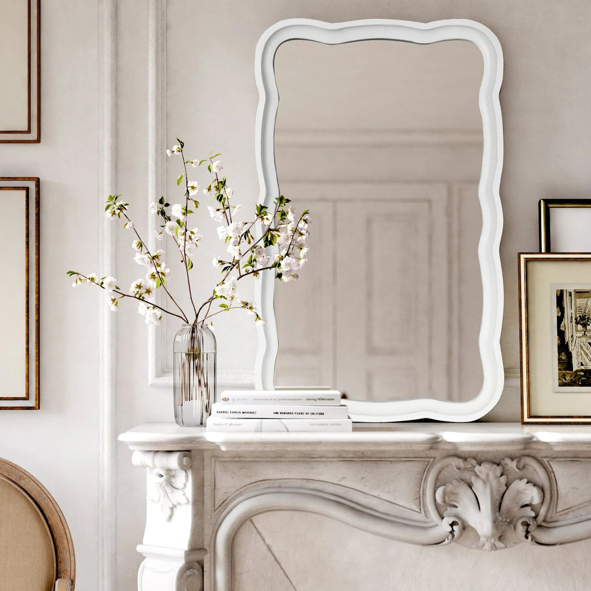 Curved Scallop Wood Frame Accent Mirror, 23.5 in L x 38 in W x 1 in H - Antique-Brown Or White