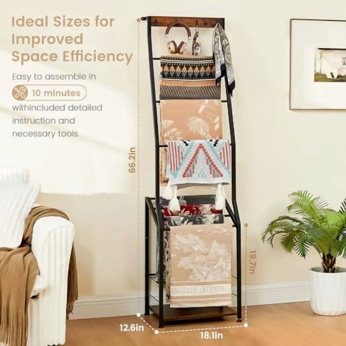 Pinzoveco 7-Tier Blanket Ladder Shelf With 4 Hooks, 5.5 ft / 18.1 x 12.6 x 66.2 in