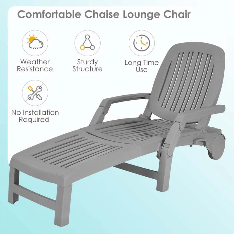 Folding Plastic Outdoor Chaise Lounge Chair With Wheels, 6-Position, 65.5 x 29 x 16.5-37 in, 330 lbs