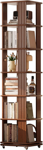 Solid Wood 6-Tier 360 Degree Rotating Rolling Bookshelf - Walnut