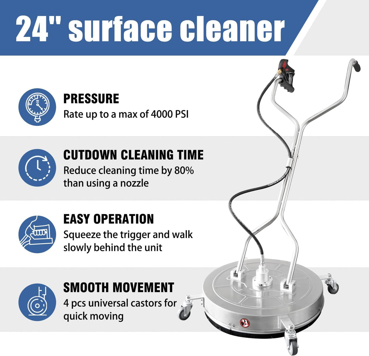 JANZ 24 in Pressure Washer Surface Cleaner With 4 Wheels, Dual Handle, Stainless Steel Housing, 4 Nozzle Cores And 2 Hose Adapters