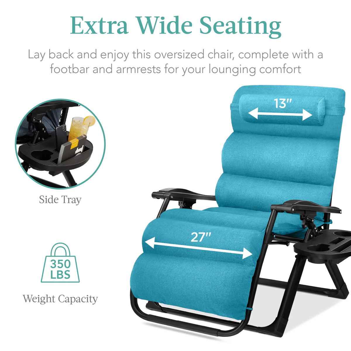 Best Choice Products Oversized Zero Gravity Folding Recliner With Removable Cushion And Side Tray - Fossil Gray