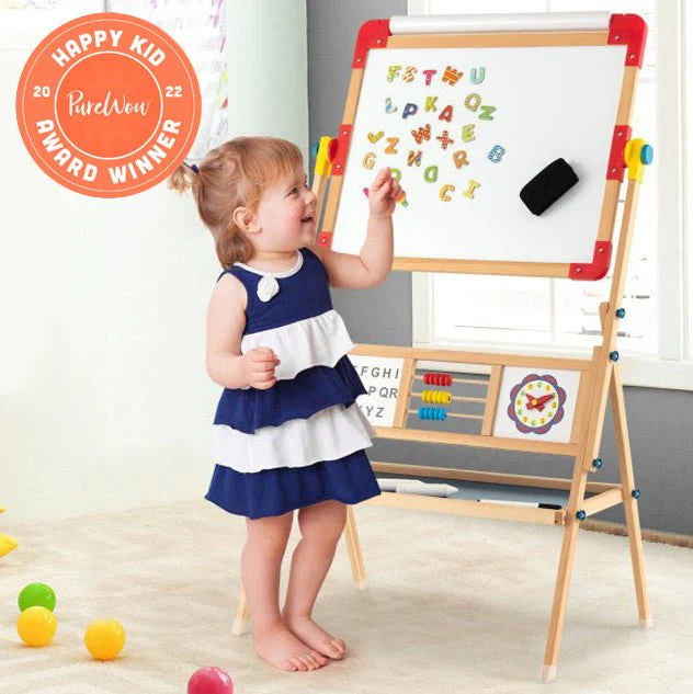 Kids Wooden Art Easel With Chalkboard, Magnetic Whiteboard And Paper Roll - 3-In-1