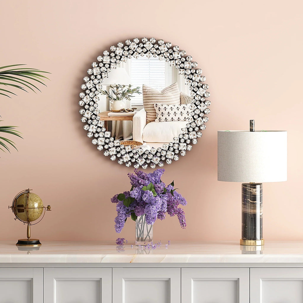Round Crystal Accent Decorative Wall Mirror - 18/24/34 in