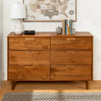 6-Drawer Caramel Mid-Century Modern Solid Pine Wood Dresser