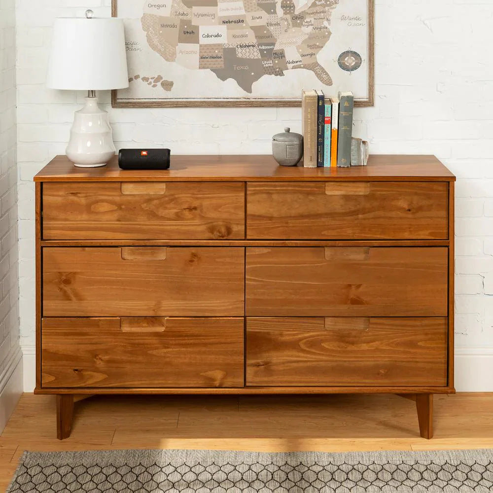 6-Drawer Caramel Mid-Century Modern Solid Pine Wood Dresser