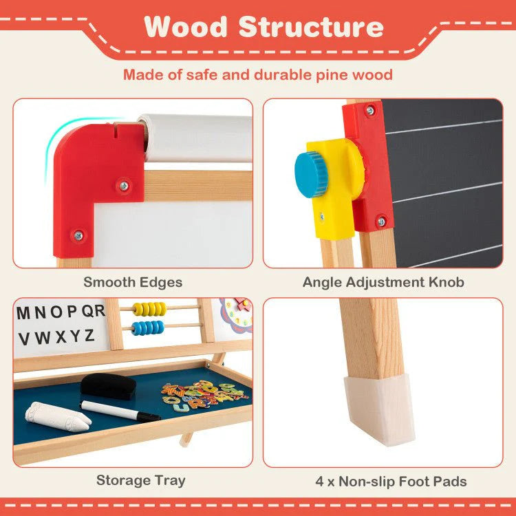 Kids Wooden Art Easel With Chalkboard, Magnetic Whiteboard And Paper Roll - 3-In-1