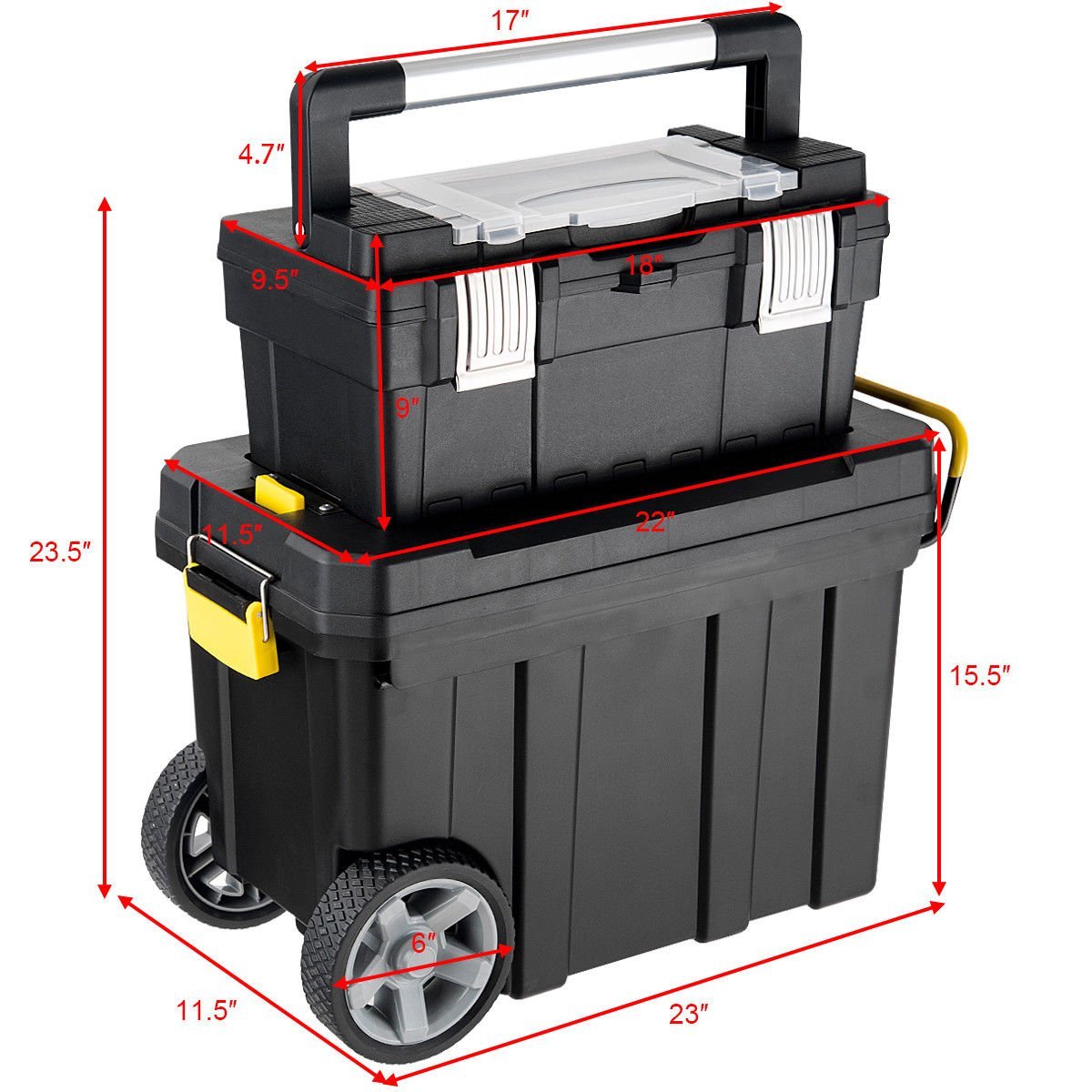 2-in-1 Rolling Plastic Toolbox Set With 6-Inch Wheels, Black