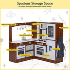 BRINJOY Corner Wooden Kids Play Kitchen With Faucet, Sink, Microwave, Oven, Apron, Blackboard, Sound And Light