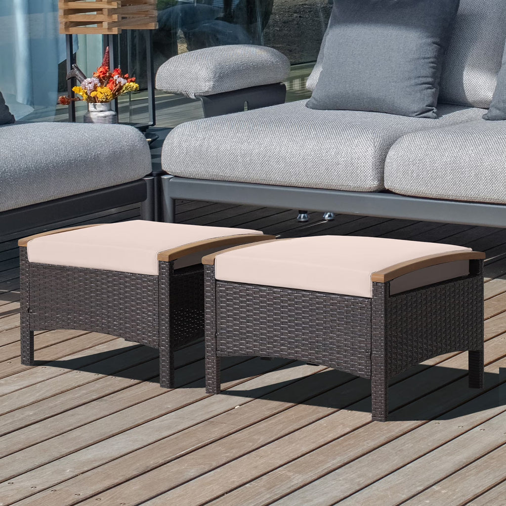 Costway Set Of 2 Patio Rattan Ottoman Footrests With Cushions, Mix Brown/Beige, 25 x 20 x 16 in