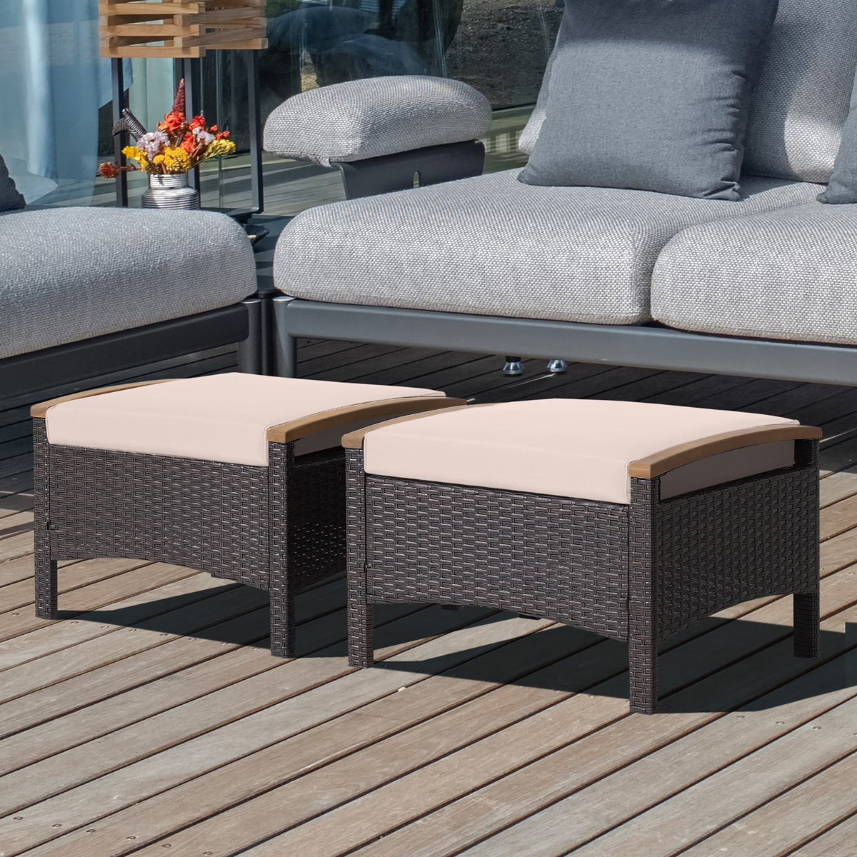 Costway Set Of 2 Patio Rattan Ottoman Footrests With Cushions, Mix Brown/Beige, 25 x 20 x 16 in
