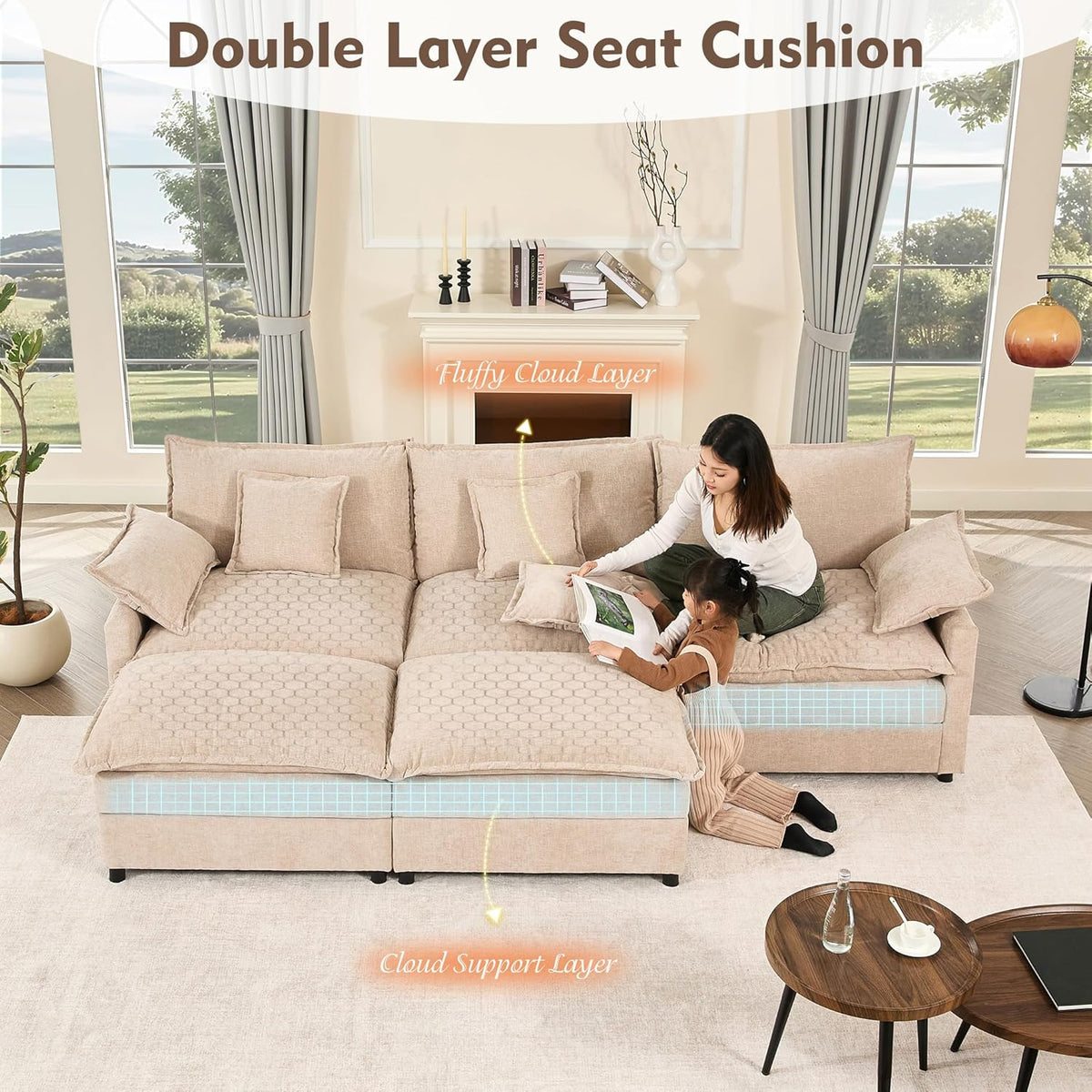108 Inch U Shape Sectional Sofa With Removable Footstool