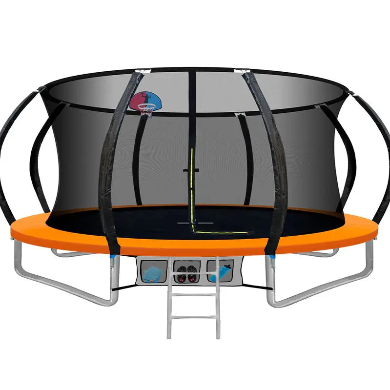 14-Foot Trampoline With Safety Enclosure, Ladder, Basketball Hoop And Orange Frame
