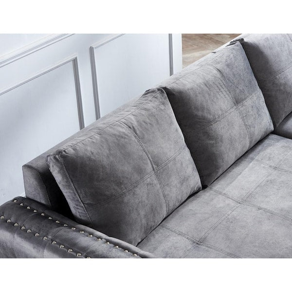 Reversible Gray Velvet Sleeper Sectional Sofa, 90.5 in, 3 Seat, L-Shape With Storage