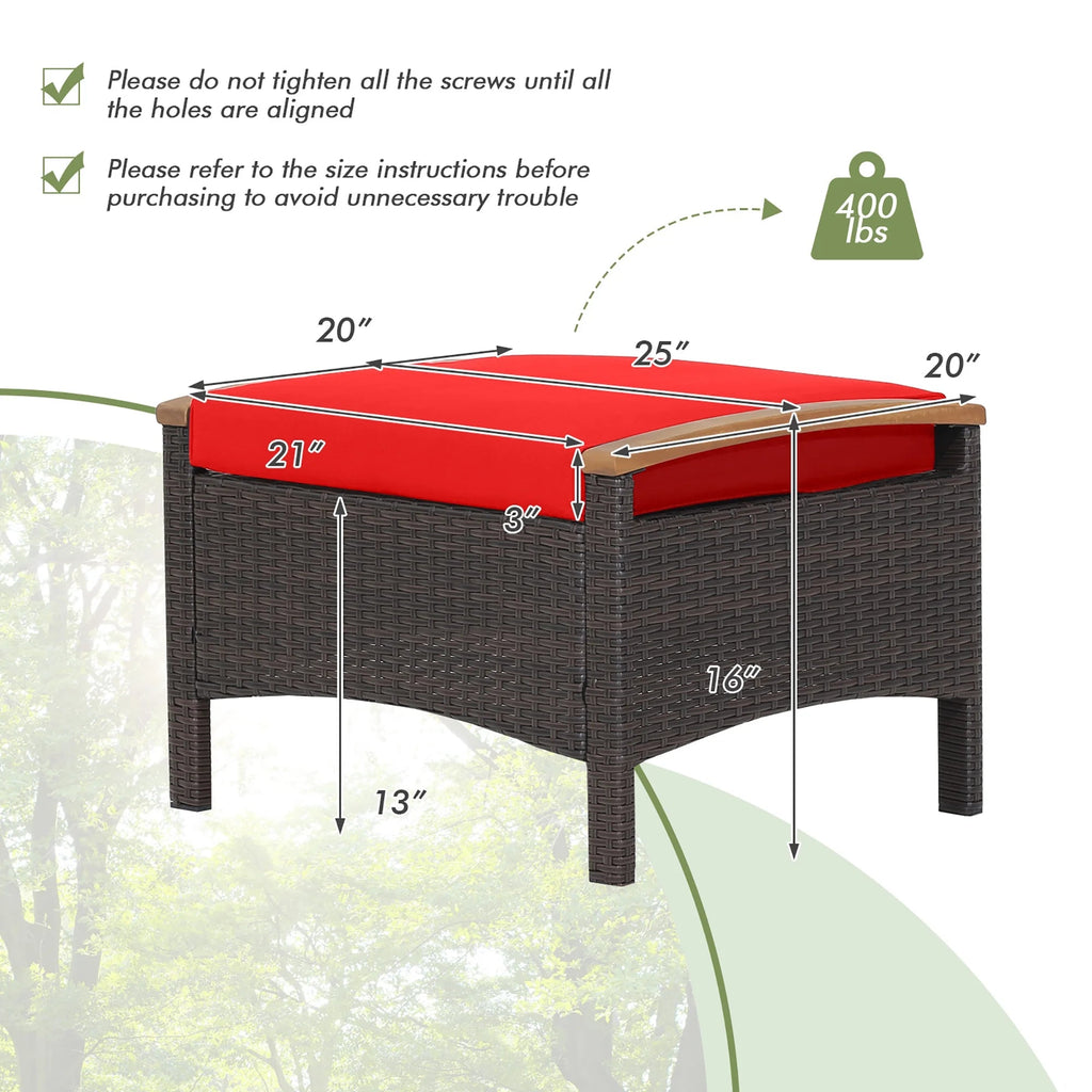 Costway Set Of 2 Patio Rattan Ottoman Footrests With Cushions, Mix Brown/Beige, 25 x 20 x 16 in
