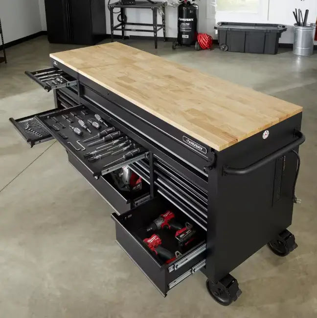 72 Inch Gloss Black Mobile Workbench Tool Chest With Casters And 18 Drawers