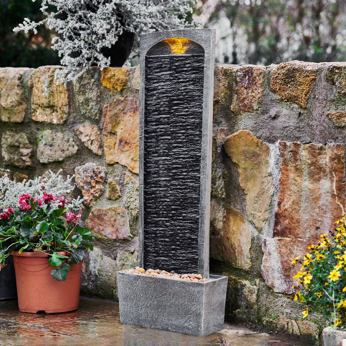 Teamson Home Faux Slate Outdoor LED Waterfall Fountain, 38.5 in, Red Rock