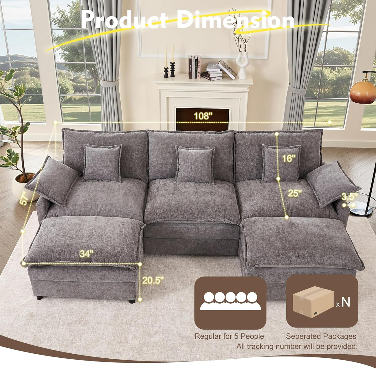 108 Inch U Shape Sectional Sofa With Removable Footstool