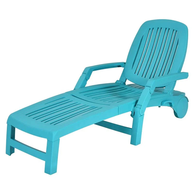 Folding Plastic Outdoor Chaise Lounge Chair With Wheels, 6-Position, 65.5 x 29 x 16.5-37 in, 330 lbs