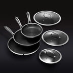 HexClad Hybrid Stainless Steel Cookware Pan Set, 6 Piece, 8 inch, 10 inch, 12 inch, Glass Lids, Black