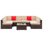 SESSLIFE 7-Piece Wicker Patio Sofa Set With Glass Coffee Table - Brown Rattan Beige Cushions
