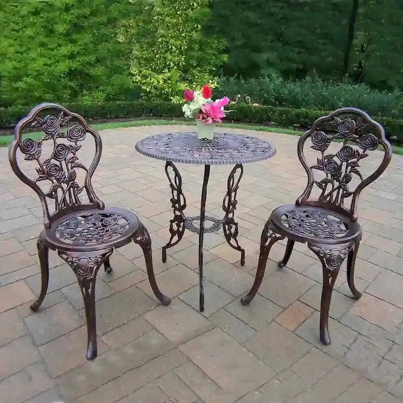 Camellia Cast Aluminum 3-Piece Outdoor Bistro Table And Chair Set - Bronze