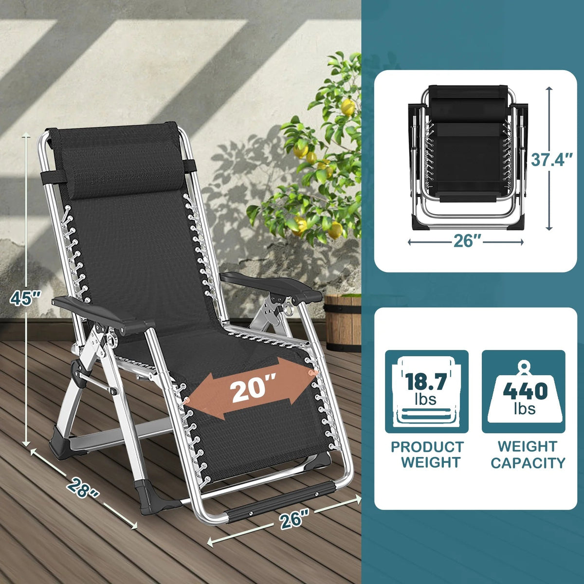 NAIZEA Zero Gravity Chair With Removable Cushion, Cup Holder, and Black Color