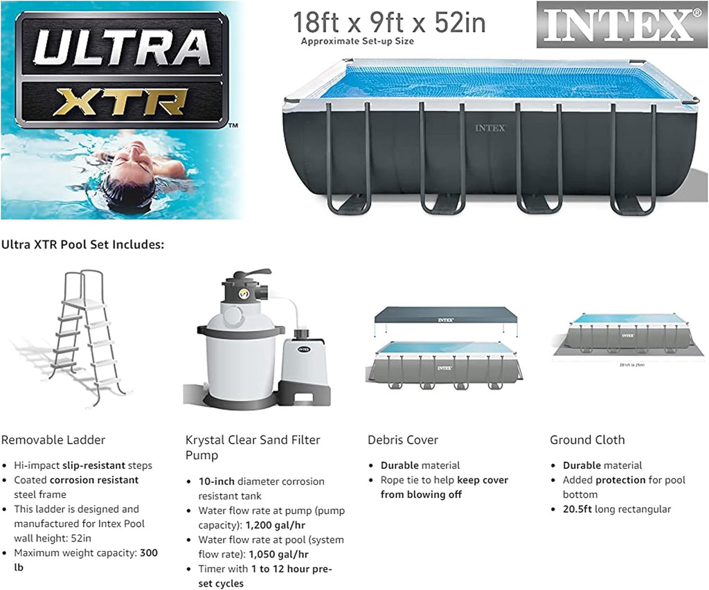 Intex Ultra XTR Rectangular Frame Above Ground Pool Set, 18' x 9' x 52"
