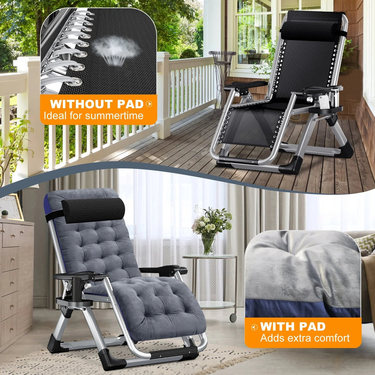 NAIZEA Zero Gravity Chair With Removable Cushion, Cup Holder, and Black Color