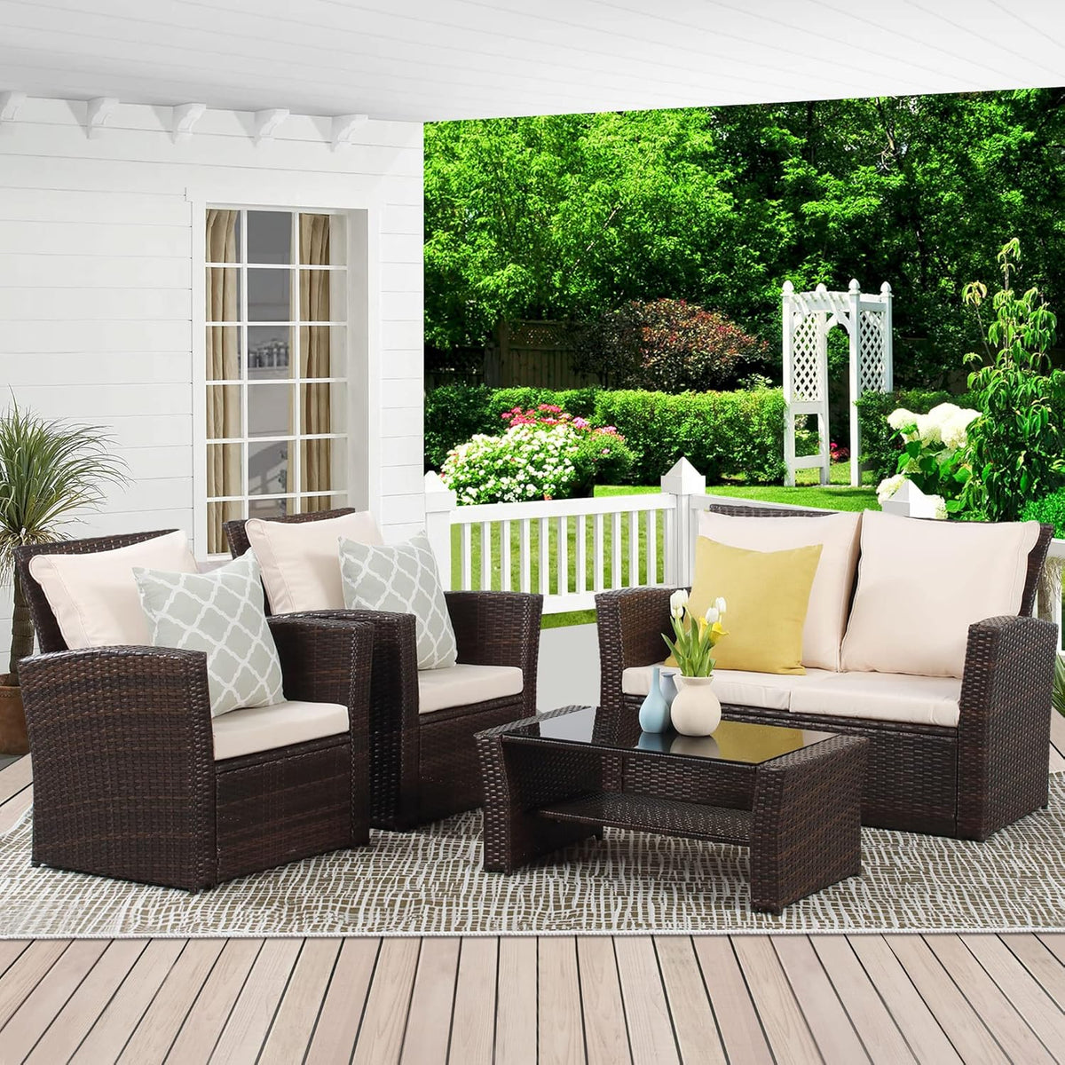 Wisteria Lane 4-Piece Outdoor Wicker Patio Conversation Set With Blue Cushions