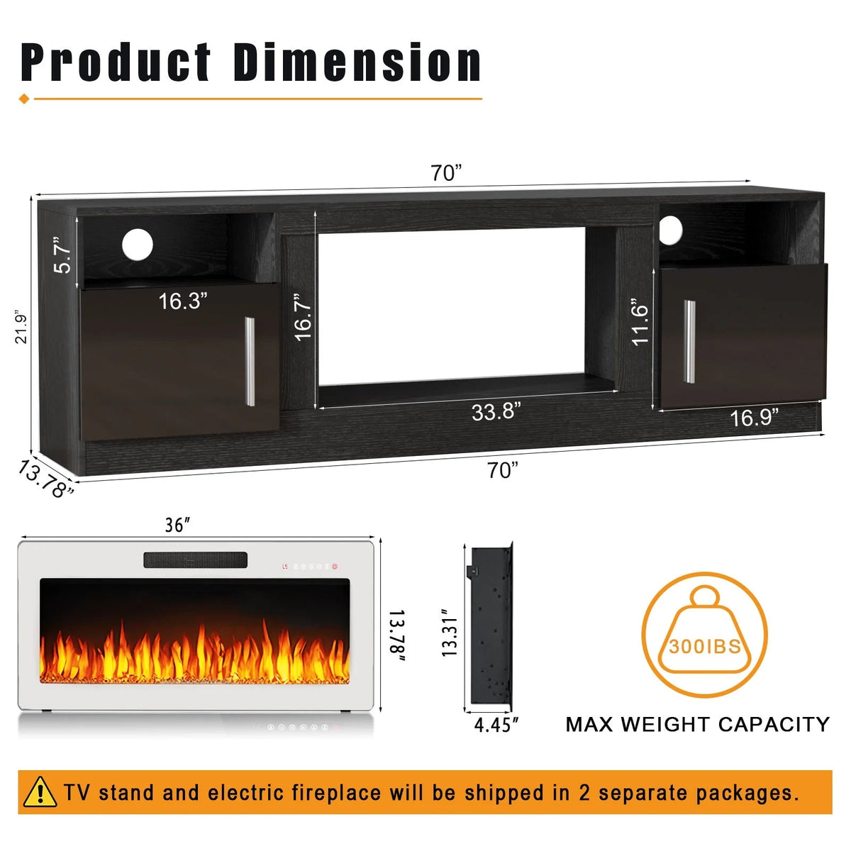 Waleaf TV Stand With 18 in Electric Fireplace And Adjustable Glass Shelves - TVs Up To 65 inch
