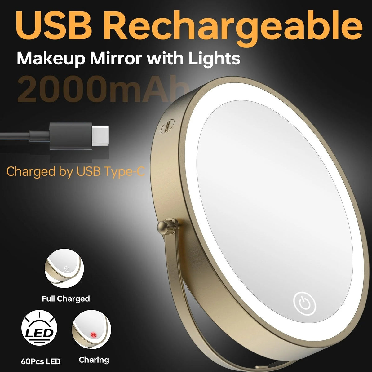 8 Inch Round Wall-Mounted Makeup Mirror, Rechargeable, 1X/10X Magnification, 3-Color LED Lights