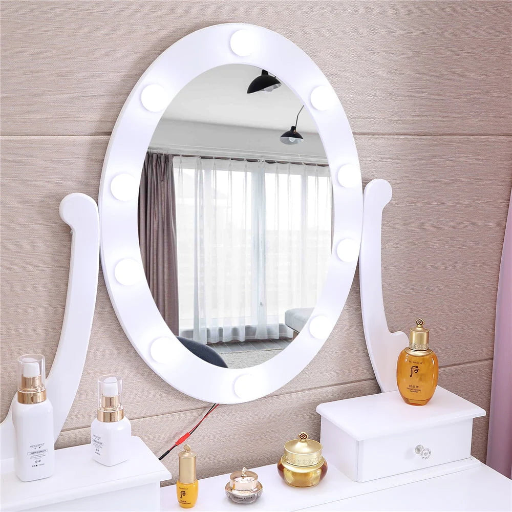 Ktaxon Vanity Table Set With 10 LED Lights, 5 Drawers, Cushioned Stool, White