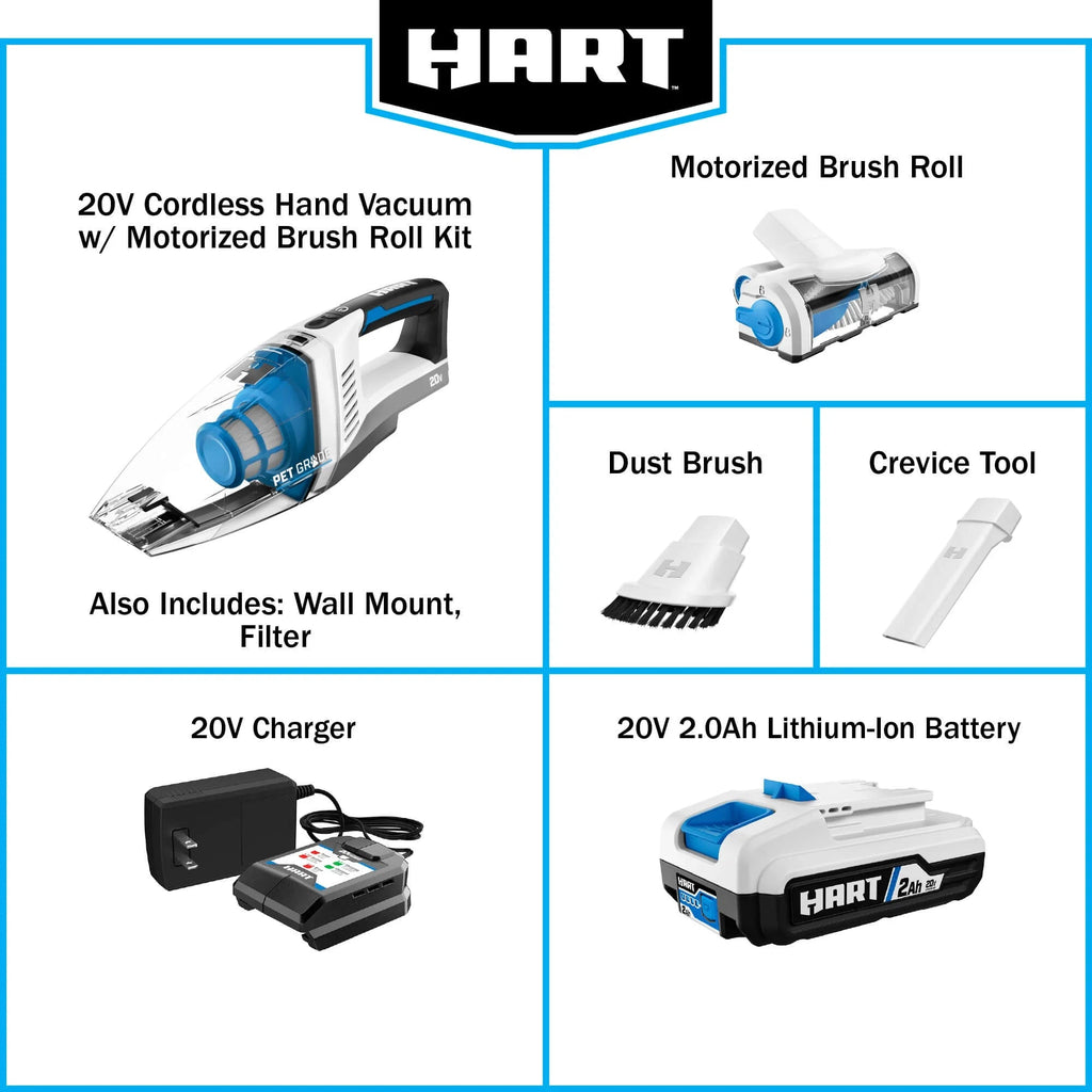 HART 20-Volt Cordless Hand Vacuum Kit With Motorized Brush Roll - HPHV34B
