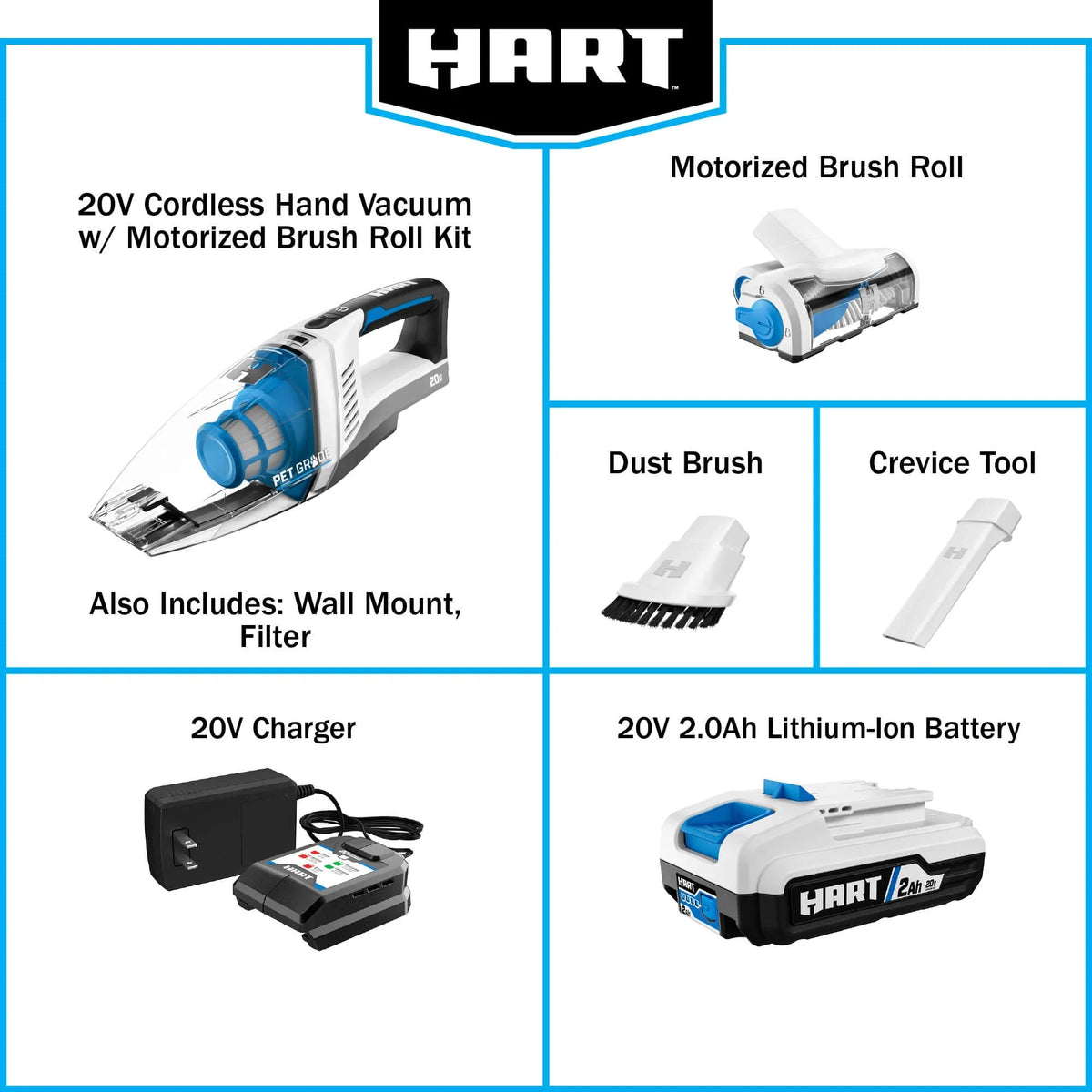 HART 20-Volt Cordless Hand Vacuum Kit With Motorized Brush Roll - HPHV34B