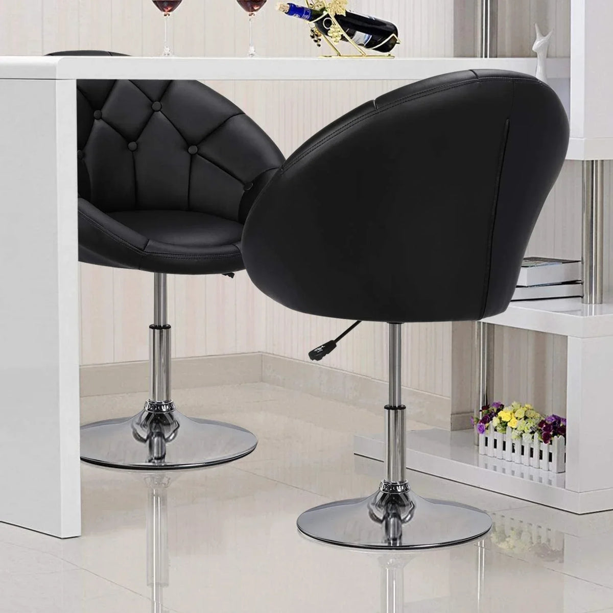 HOMEZY Tufted Swivel Vanity Chair, Black - Height Adjustable, 360-Degree