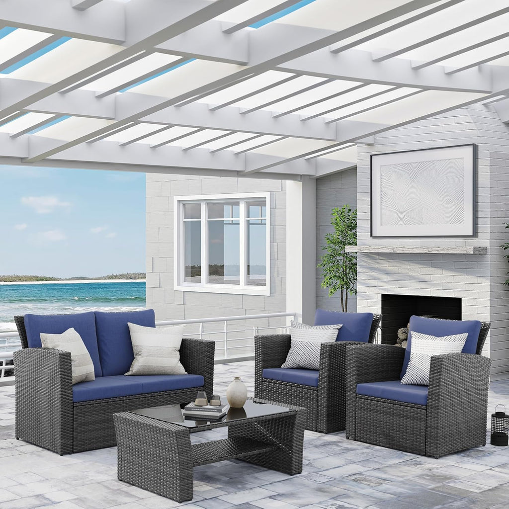Wisteria Lane 4-Piece Outdoor Wicker Patio Conversation Set With Blue Cushions