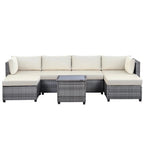 SESSLIFE 7-Piece Wicker Patio Sofa Set With Glass Coffee Table - Brown Rattan Beige Cushions