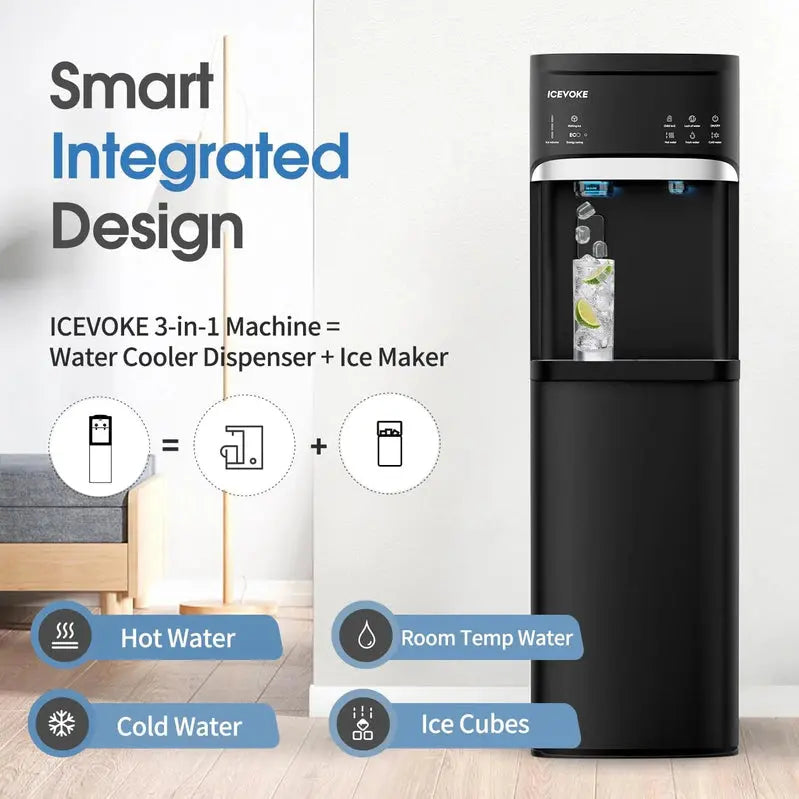 Bottom-Load Self-Cleaning Water Dispenser With Built-In Ice Maker, 5 Gallons, Black