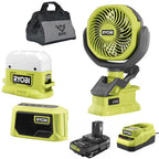 Ryobi 18V ONE+ 3-Tool Camping Kit With Area Light, Bluetooth Speaker, 4 in Clamp Fan, 1.5 Ah Battery, Charger And 16 in Buho Tool Bag