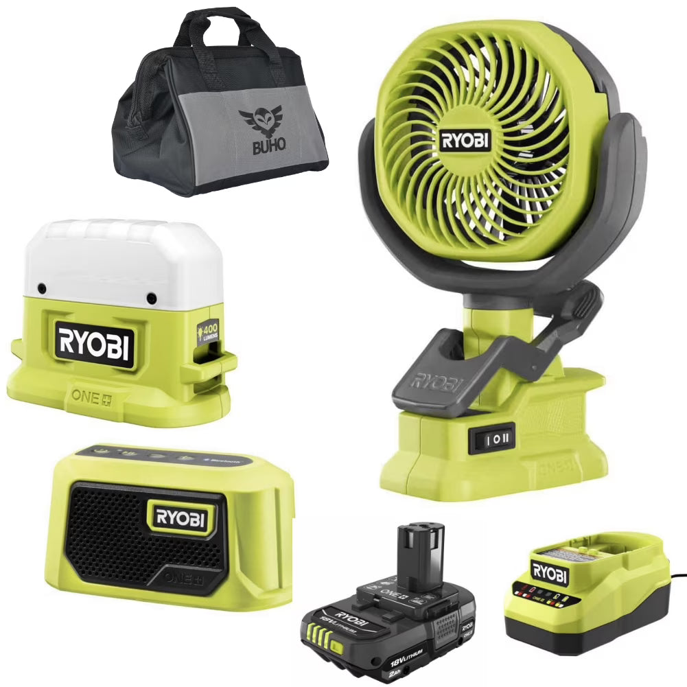 Ryobi 18V ONE+ 3-Tool Camping Kit With Area Light, Bluetooth Speaker, 4 in Clamp Fan, 1.5 Ah Battery, Charger And 16 in Buho Tool Bag