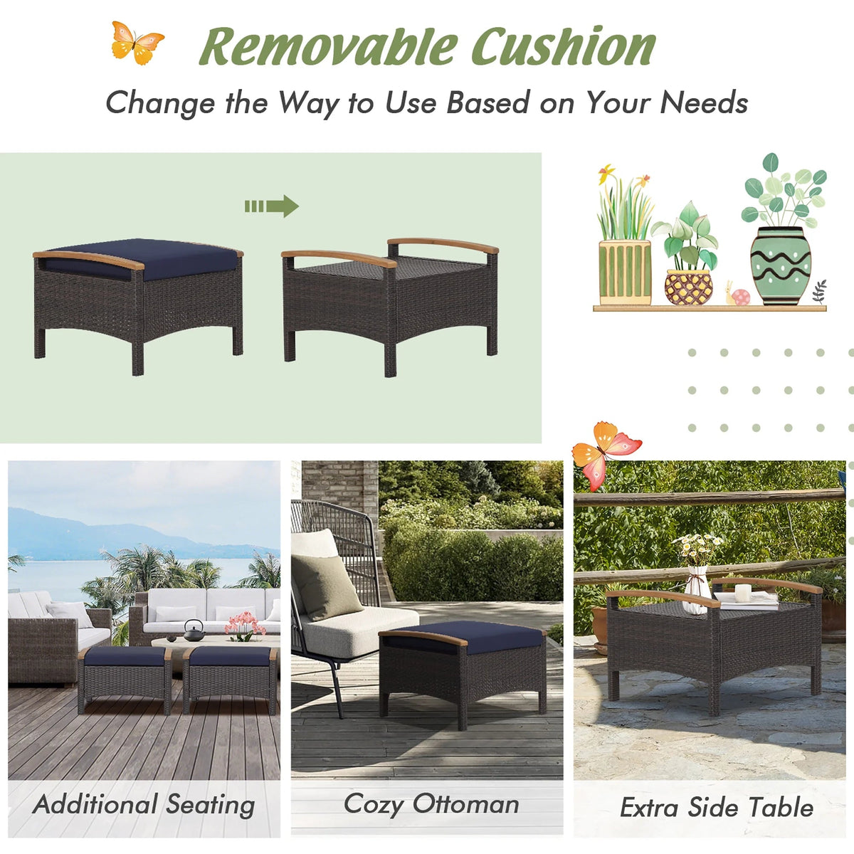 Costway Set Of 2 Patio Rattan Ottoman Footrests With Cushions, Mix Brown/Beige, 25 x 20 x 16 in