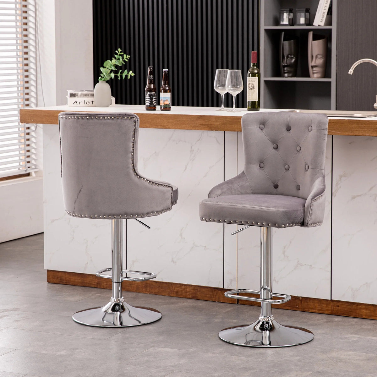 Alexent 2-Piece Swivel Bar Stools, Dark Blue, 43.7-51.6 H, 19.3 W x 18.1 D - Silver Footrest