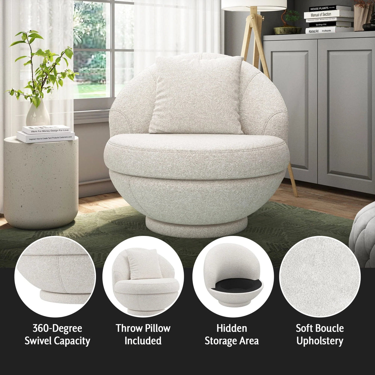 Hillsdale Boulder Upholstered Swivel Storage Chair, Ash White