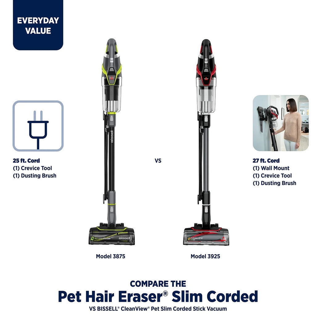 BISSELL Pet Hair Eraser Slim Corded Stick Vacuum, Black - 3875
