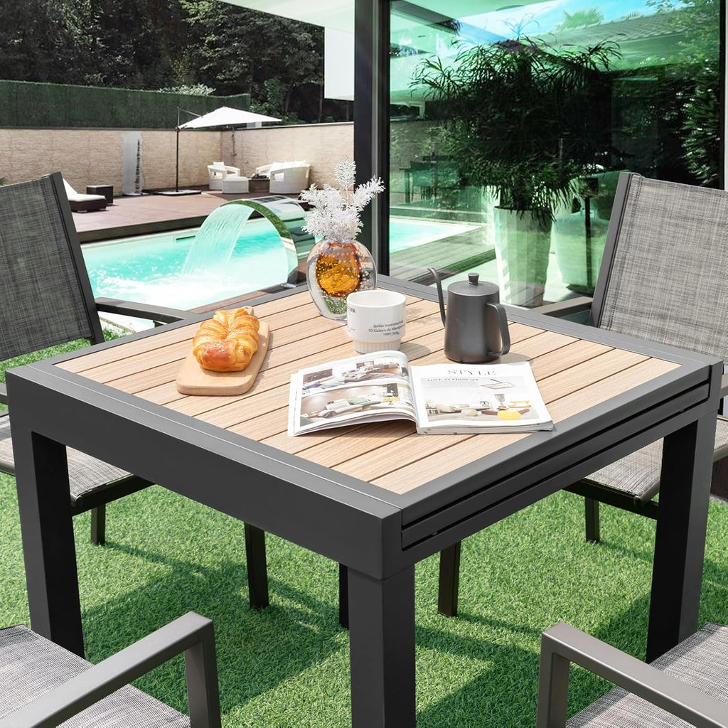 Extendable Outdoor Dining Table, Aluminum Frame, Dark Grey, Slatted Top - 80D x 160W x 75H Centimetres