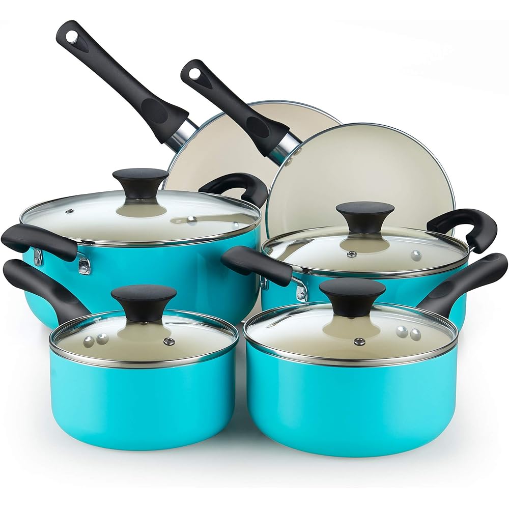 Cook N Home 10-Piece Ceramic Nonstick Aluminum Cookware Set With Lids - Turquoise