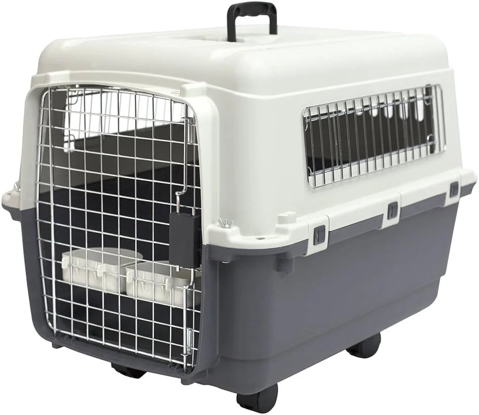 SportPet Designs Plastic Airline Approved Rolling Dog Kennel With Wire Door, XXX-Large, Gray, 48in L x 32in W x 36in H